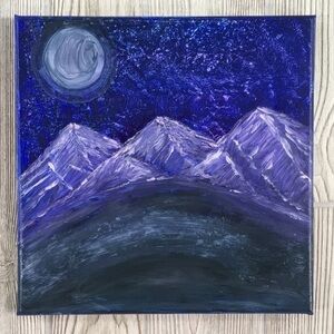 Original Painting Purple Mountain Fisheye Landscape Scene Acrylic Art